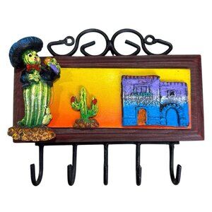 Mexican 3D Folk Art Wood / Metal Wall Key Holder Cactus Pueblo 5 Hooks